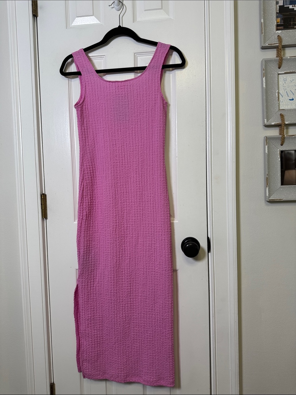 H&M Textured Pink Midi Dress NWT XS Side Slit Stretch Summer - Picture 6 of 7